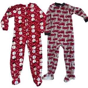 Fleece footie size 5 little boy pajamas snowman winter fire trucks fire engine
